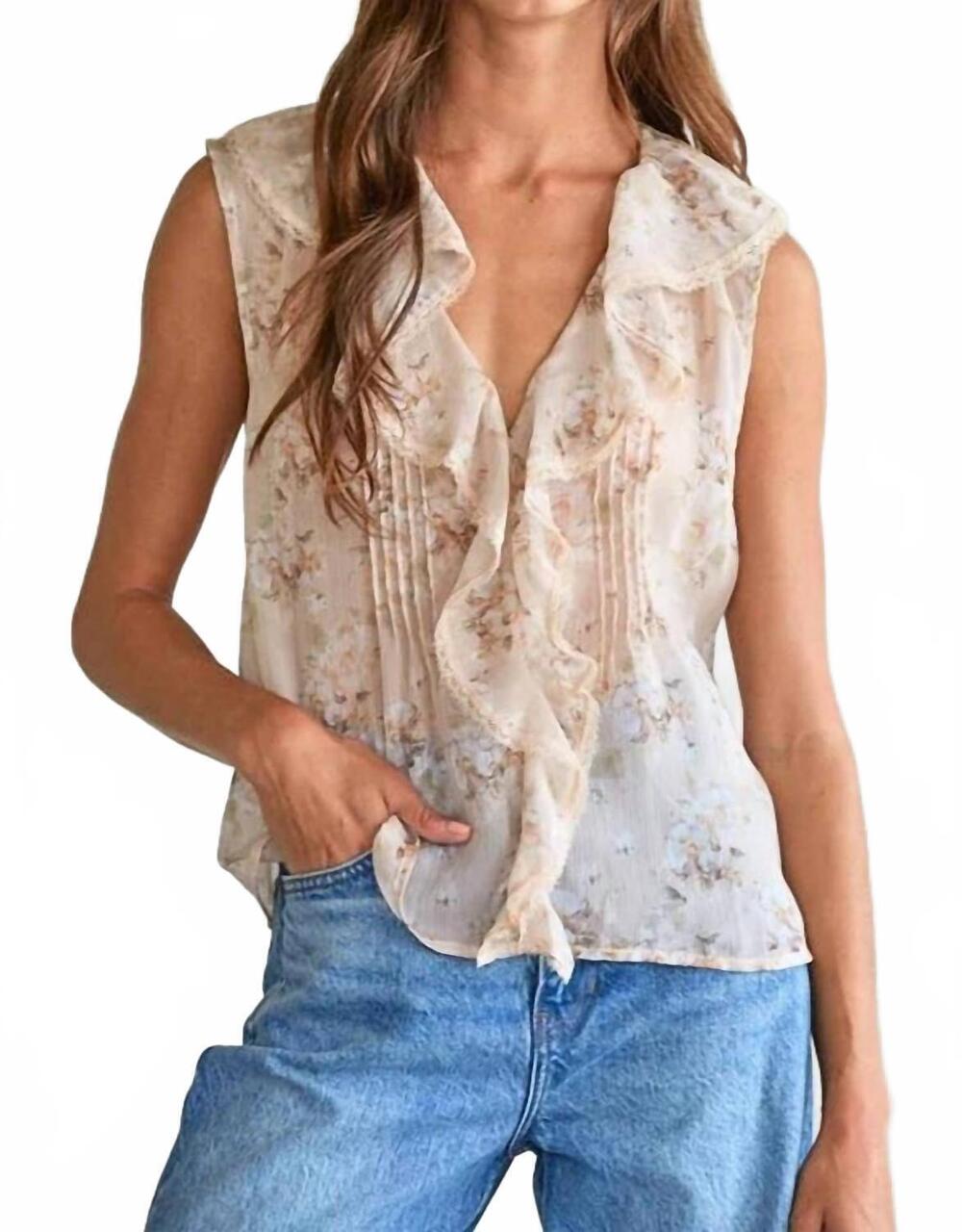 NEW BY TOGETHER women's gardenia ruffle top in taupe multi